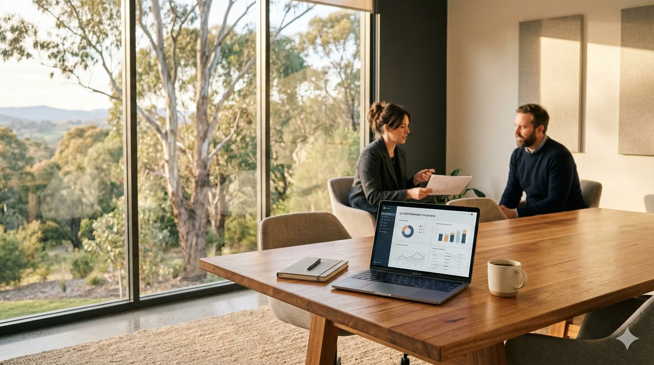 Australian workplace with warm afternoon light, showing a team working with AI compliance tools